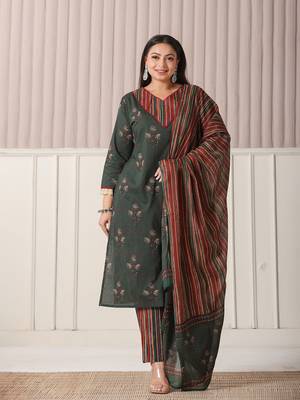 green floral print,patch work,lace work plus size kurta set with pant & dupatta 1
