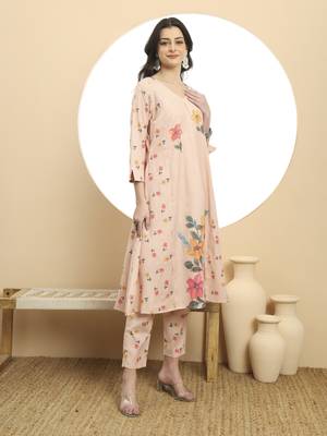  linen cotton peach a line kurta dupatta pant set 5