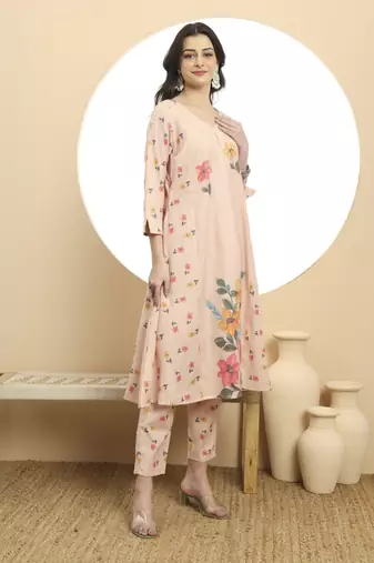  linen cotton peach a line kurta dupatta pant set
