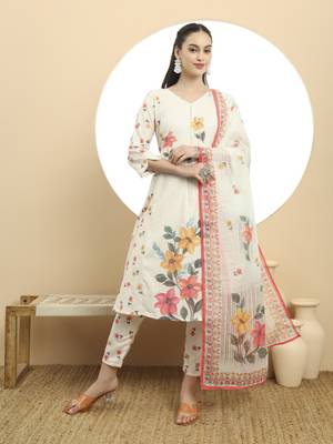  linen cotton white a line kurta dupatta pant set 1