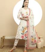  linen cotton white a line kurta dupatta pant set