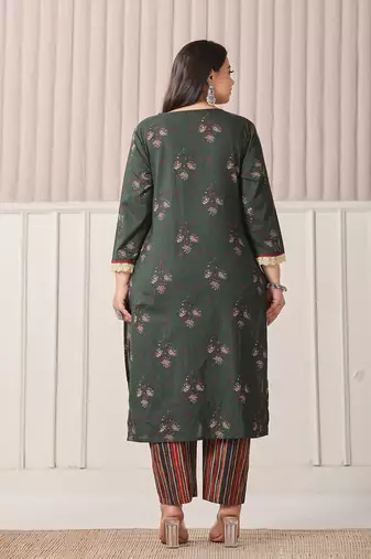 green floral print,patch work,lace work plus size kurta set with pant & dupatta