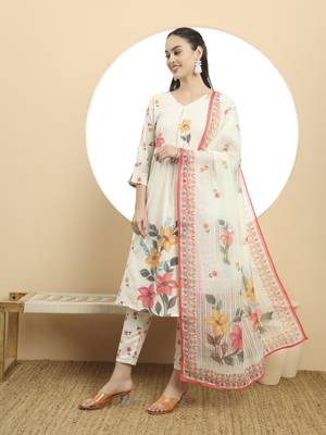  linen cotton white a line kurta dupatta pant set 2
