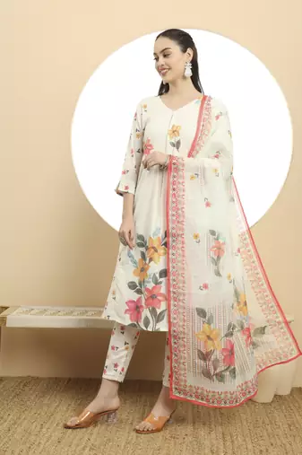  linen cotton white a line kurta dupatta pant set
