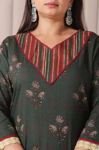green floral print,patch work,lace work plus size kurta set with pant & dupatta