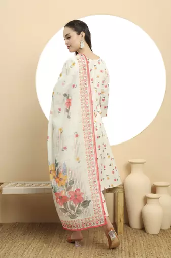  linen cotton white a line kurta dupatta pant set