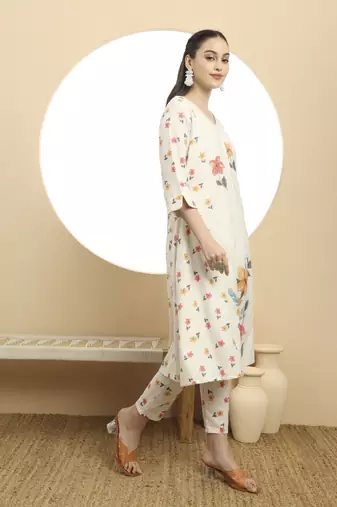  linen cotton white a line kurta dupatta pant set