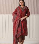 maroon floral print,patch work,lace work plus size kurta set with pant & dupatta