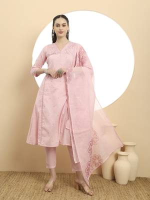  pink a line floral,kantha work kurta dupatta pant set 1