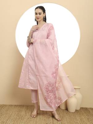  pink a line floral,kantha work kurta dupatta pant set 2