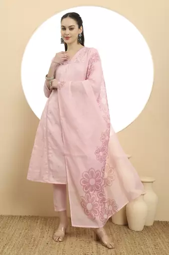  pink a line floral,kantha work kurta dupatta pant set