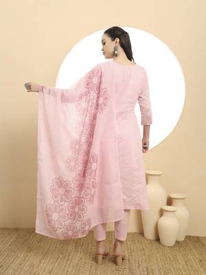  pink a line floral,kantha work kurta dupatta pant set 3