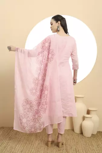  pink a line floral,kantha work kurta dupatta pant set