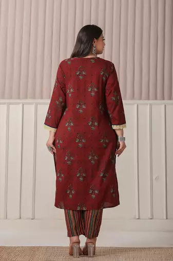 maroon floral print,patch work,lace work plus size kurta set with pant & dupatta