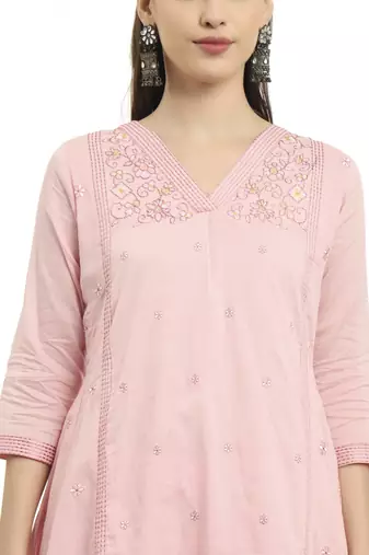  pink a line floral,kantha work kurta dupatta pant set
