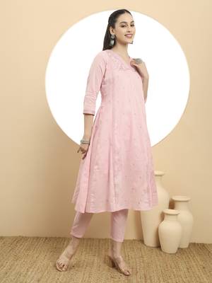  pink a line floral,kantha work kurta dupatta pant set 5