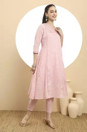  pink a line floral,kantha work kurta dupatta pant set