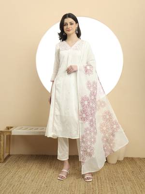  white a line floral,kantha work kurta dupatta pant set 1