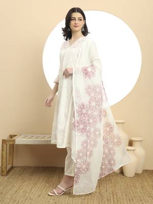  white a line floral,kantha work kurta dupatta pant set 2