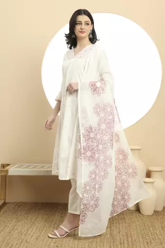  white a line floral,kantha work kurta dupatta pant set