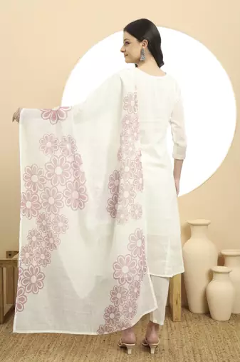  white a line floral,kantha work kurta dupatta pant set