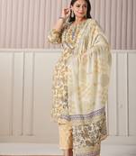 cream and brown cotton sequins work plus size kurta set with pant & dupatta