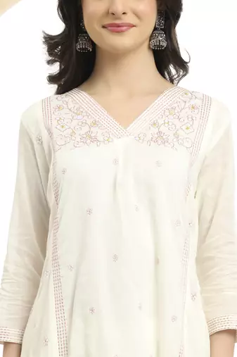  white a line floral,kantha work kurta dupatta pant set