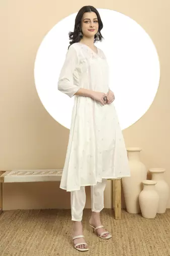  white a line floral,kantha work kurta dupatta pant set
