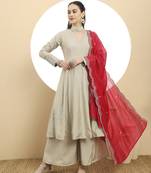  silk military green anarkali kurta dupatta palazzo set