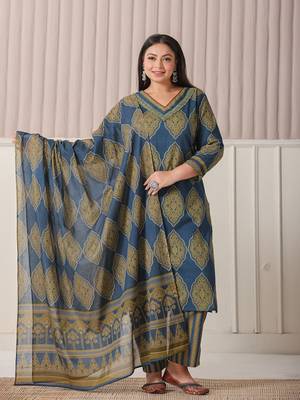 blue block print cotton lace work plus size kurta set with pant & dupatta 1