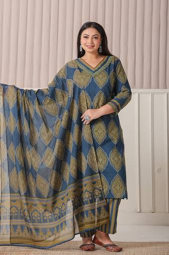 blue block print cotton lace work plus size kurta set with pant & dupatta
