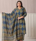 blue block print cotton lace work plus size kurta set with pant & dupatta