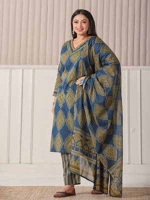 blue block print cotton lace work plus size kurta set with pant & dupatta 2