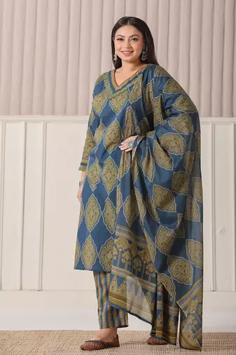 blue block print cotton lace work plus size kurta set with pant & dupatta