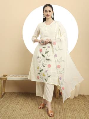  cream pure cotton a-line thread work kurta dupatta set 1
