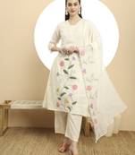  cream pure cotton a-line thread work kurta dupatta set