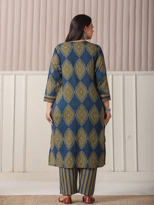 blue block print cotton lace work plus size kurta set with pant & dupatta 3