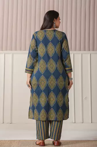 blue block print cotton lace work plus size kurta set with pant & dupatta