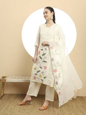  cream pure cotton a-line thread work kurta dupatta set 2