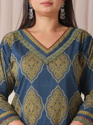 blue block print cotton lace work plus size kurta set with pant & dupatta 4