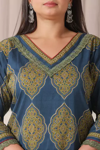 blue block print cotton lace work plus size kurta set with pant & dupatta