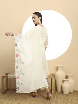  cream pure cotton a-line thread work kurta dupatta set 3