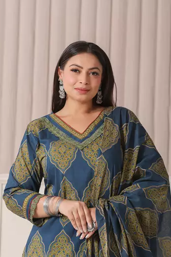 blue block print cotton lace work plus size kurta set with pant & dupatta