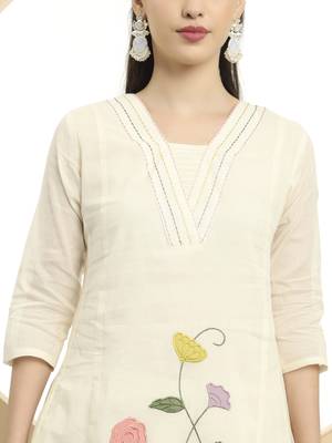  cream pure cotton a-line thread work kurta dupatta set 4