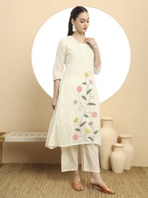  cream pure cotton a-line thread work kurta dupatta set 5