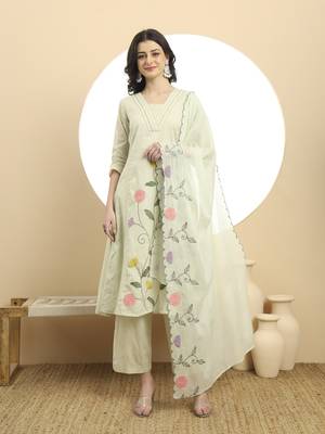  green pure cotton a-line thread work kurta dupatta set 1