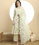  green pure cotton a-line thread work kurta dupatta set