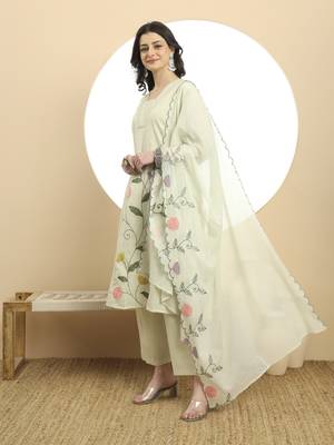  green pure cotton a-line thread work kurta dupatta set 2