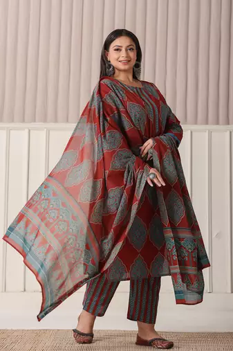 maroon block print cotton lace work plus size kurta set with pant & dupatta