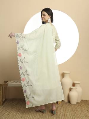  green pure cotton a-line thread work kurta dupatta set 3